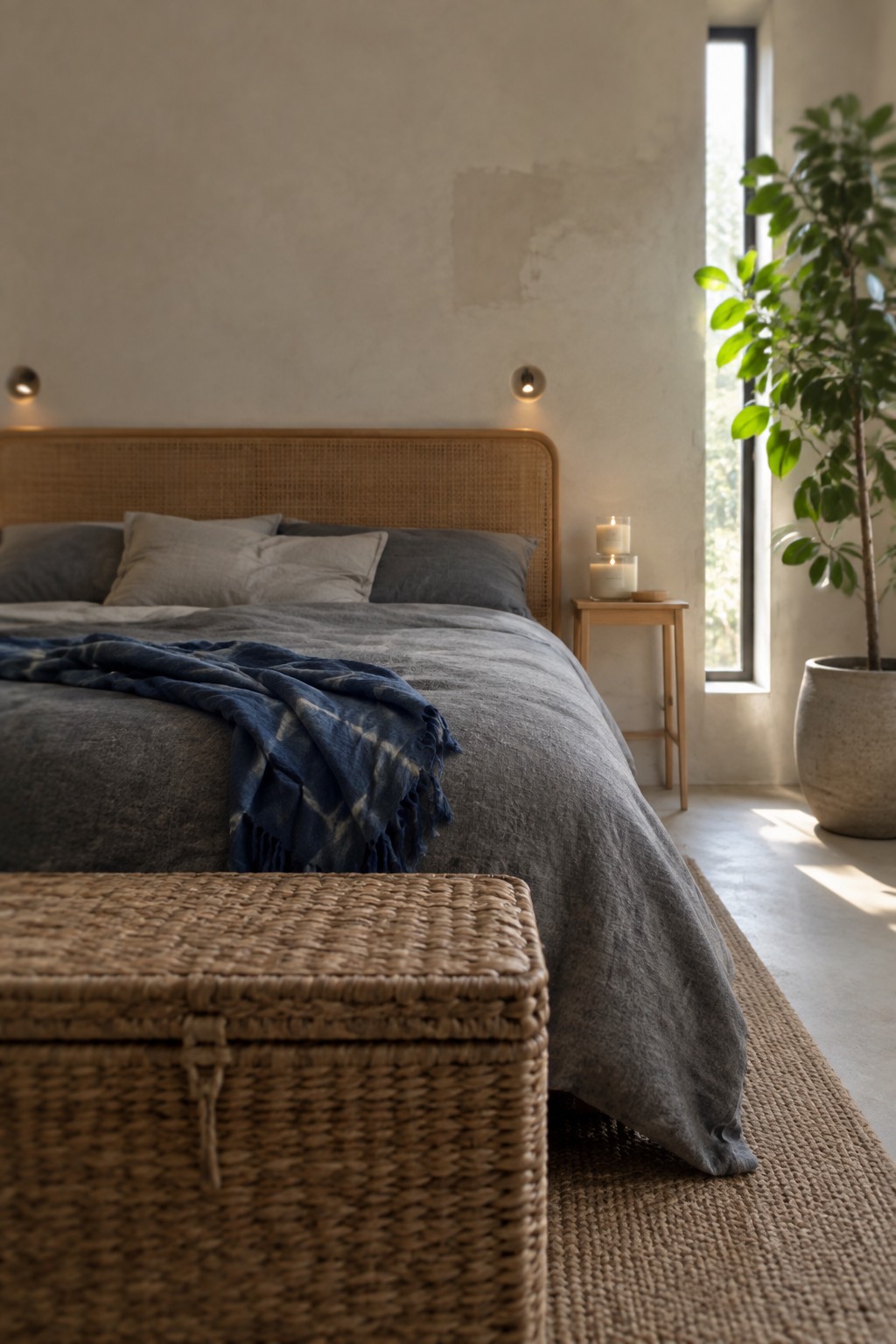A bedroom featuring a rattan headboard on a bed with gray linens and a blue throw, a woven storage chest at the foot of the bed, two lit candles on a side table, and a large potted plant near a tall window.