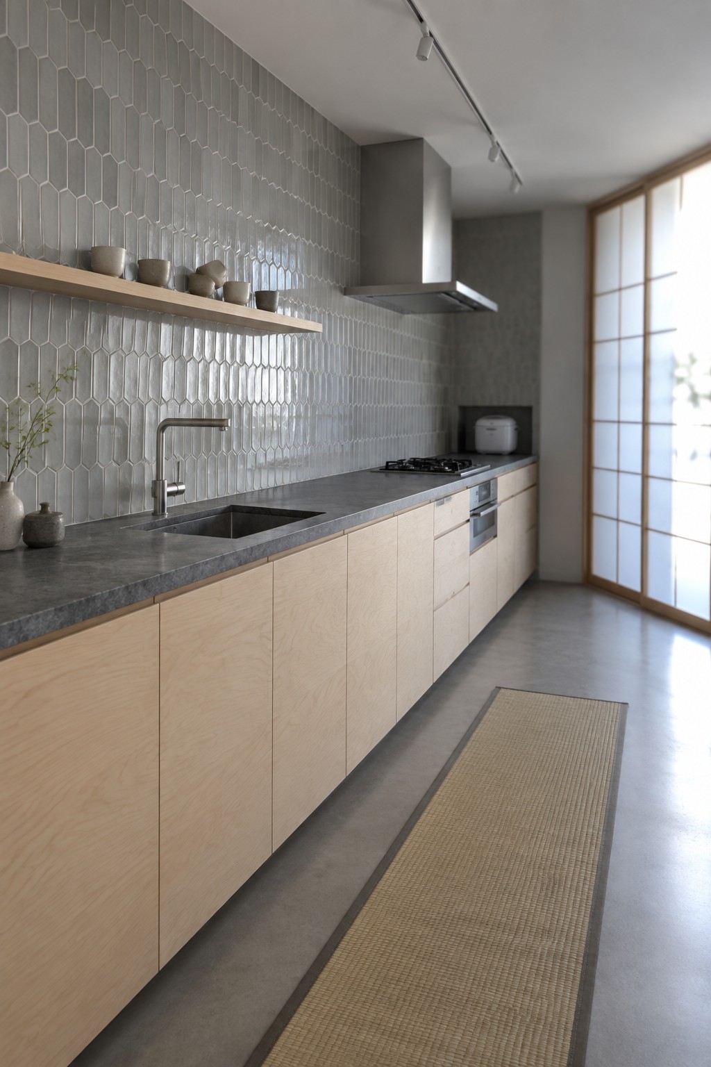 A modern kitchen with light wood cabinets, a dark countertop, a stainless steel sink and faucet, and a gray hexagonal tile backsplash beneath a floating wooden shelf holding small cups.