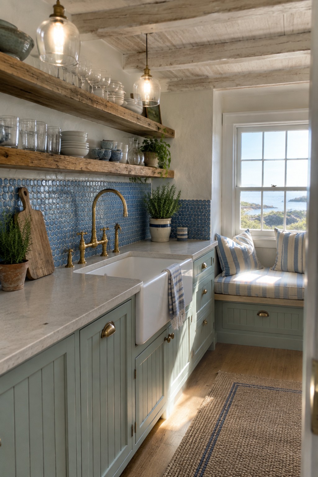 A kitchen with sage green cabinets, white farmhouse sink, brass faucet, blue mosaic tile backsplash, and wooden open shelves above a marble countertop.