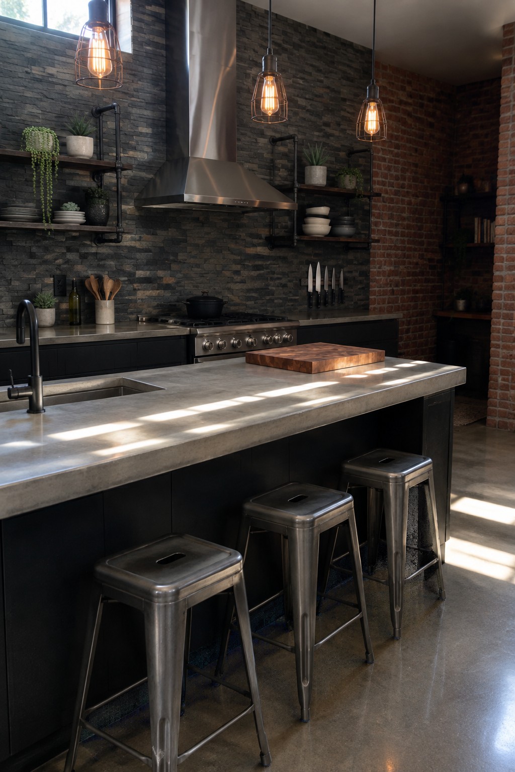A kitchen interior showing a dark stacked stone backsplash behind a stainless steel range hood, with a concrete island and metal stools in the foreground.