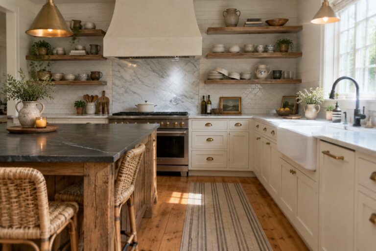 17 Creative Kitchen Backsplash Ideas Using Tile and Natural Stone A kitchen with herringbone tile backsplash, marble slab behind the range, white cabinets, open shelves, and a dark countertop island.