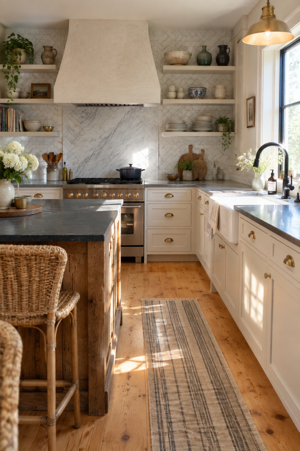 A kitchen with herringbone tile backsplash, marble slab behind the range, white cabinets, open shelves, and a dark countertop island.