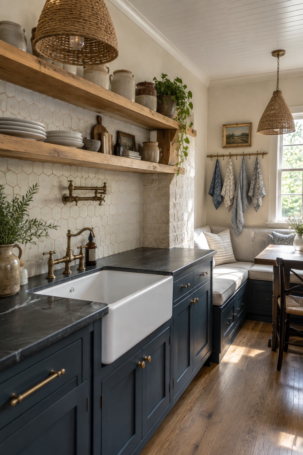 A kitchen with a white hexagonal tile backsplash, dark blue cabinets, a white farmhouse sink, wooden open shelves, and brass fixtures.