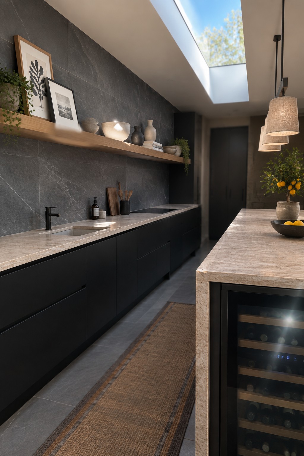 Modern kitchen with dark stone tiles covering the full wall behind a light stone countertop, black cabinets, floating wood shelf, and a wine refrigerator in the island.