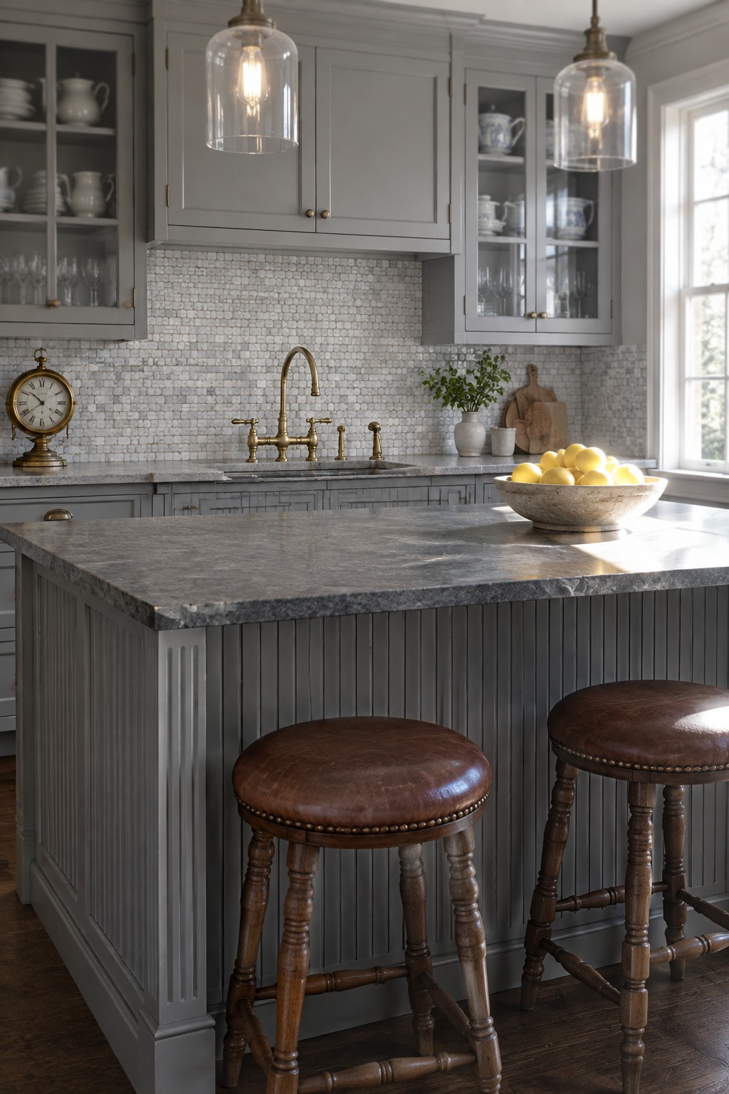A kitchen with gray cabinets, a light gray mosaic tile backsplash behind the sink, brass faucet, marble countertops, and two brown leather stools at the island.