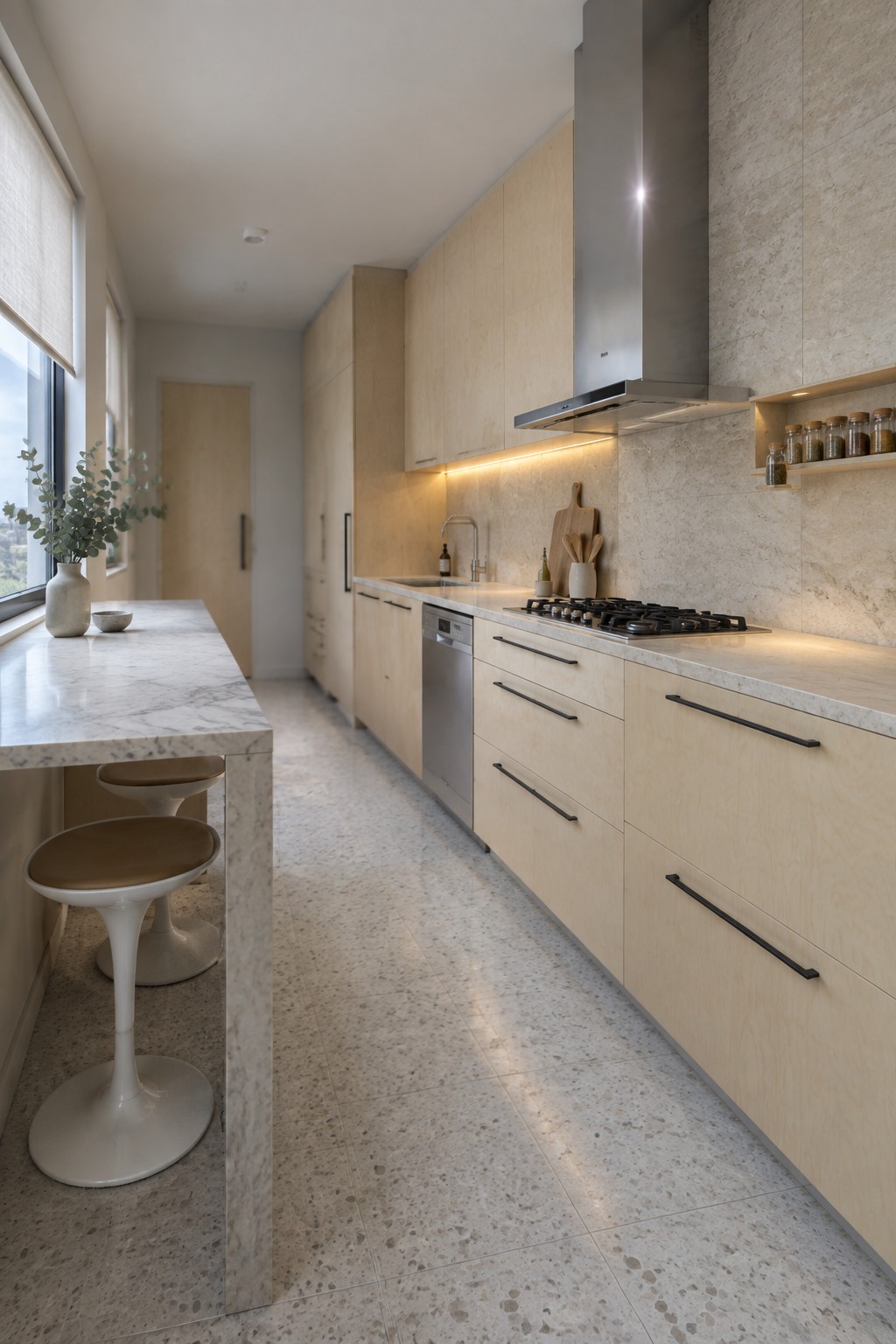 Modern kitchen with light wood cabinets, marble counters, island and bar stools.