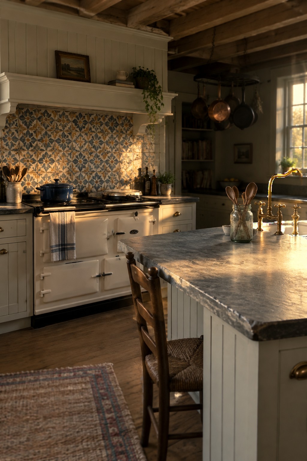 A white range cooker set against a blue and yellow patterned tile backsplash in a kitchen with white cabinetry and wooden beams.