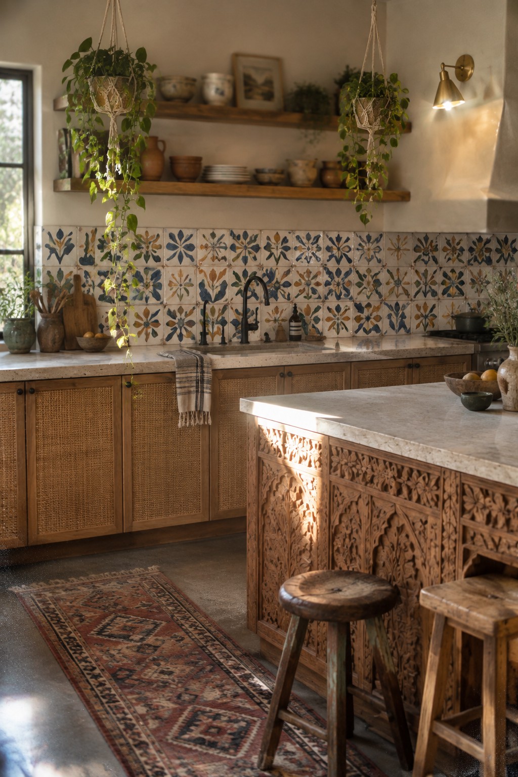 A kitchen with a colorful floral patterned tile backsplash above a stone countertop, wooden cabinets, and hanging plants.