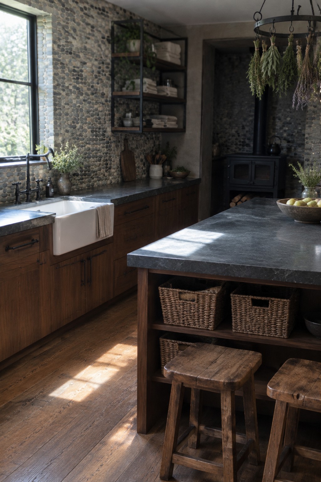 A kitchen interior showing a pebble stone tile backsplash above a white farmhouse sink, dark wood cabinetry, and a large island with wooden stools.