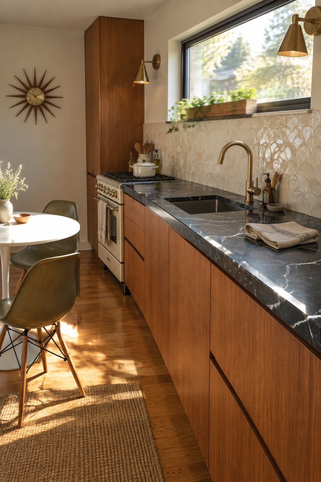 A kitchen with wood cabinetry, dark marble countertops, a brass faucet, and a light scalloped tile backsplash beneath a window.