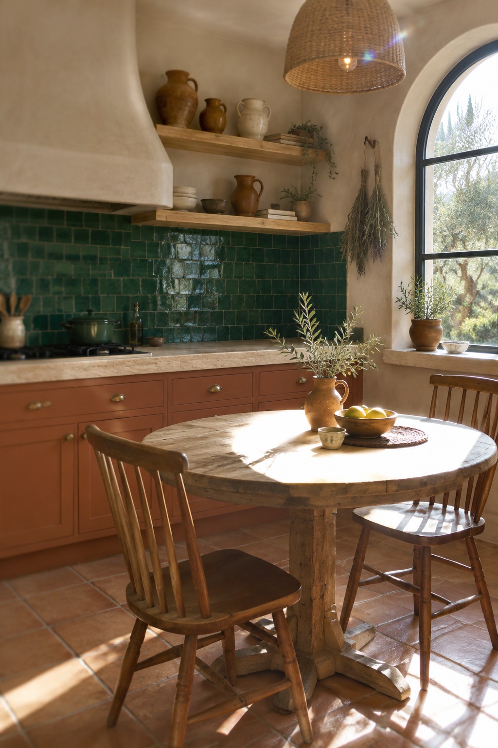 Rustic kitchen with round wooden table, terracotta cabinets, green tile backsplash, and pottery shelves.
