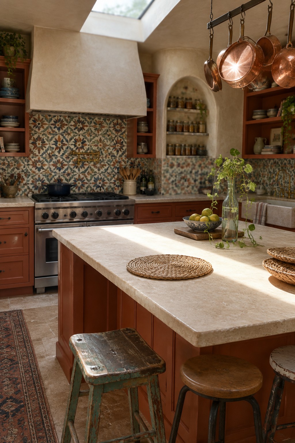 A kitchen with a colorful patterned tile backsplash behind a stainless steel range, terracotta cabinets, stone countertops, and copper pots hanging above an island.