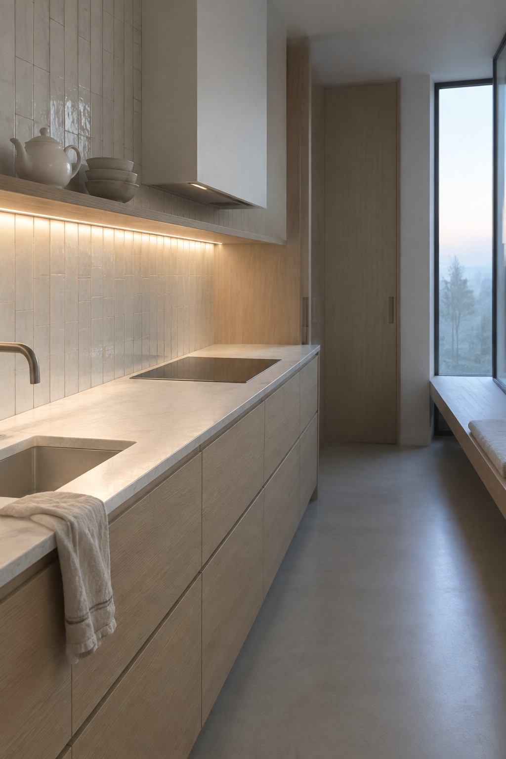 Minimalist kitchen with light wood cabinets, marble countertops, and window bench seat
