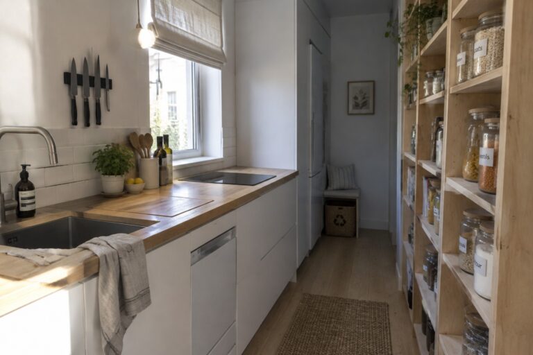 Narrow modern kitchen with white cabinets, open shelves of jars, and woven rug.