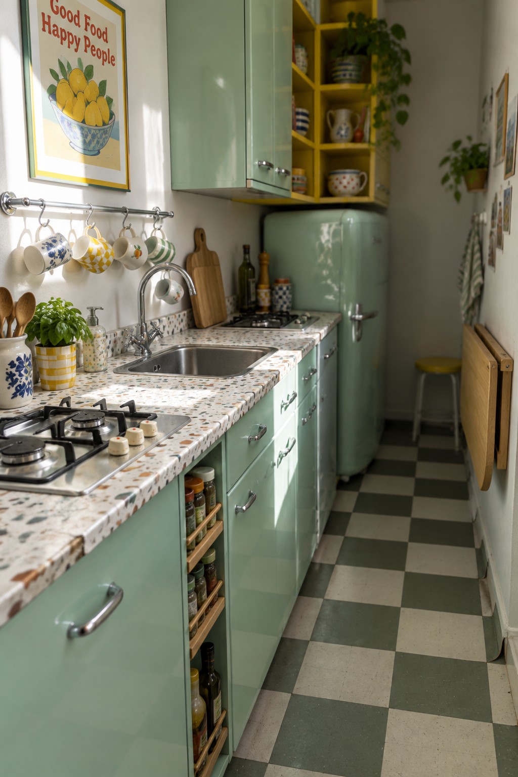 A narrow retro kitchen with mint green cabinets, terrazzo countertop, stainless steel sink, and a metal wall rail holding several hanging mugs above the counter.