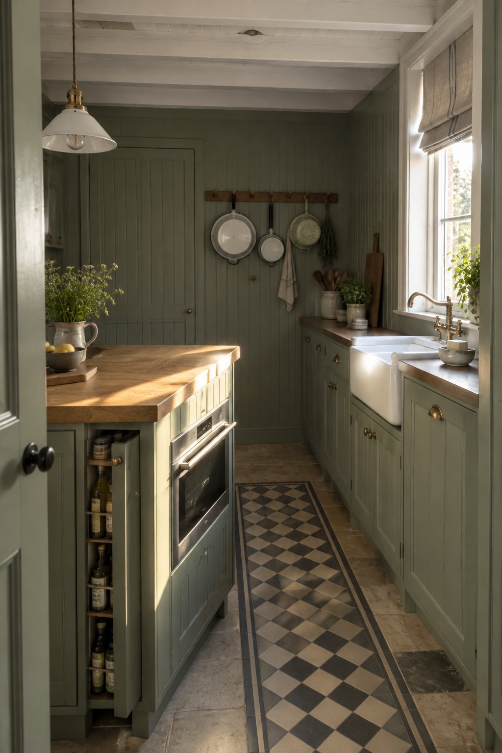 Sage green galley kitchen with wooden island, white sink, checkered runner, and hanging pans.