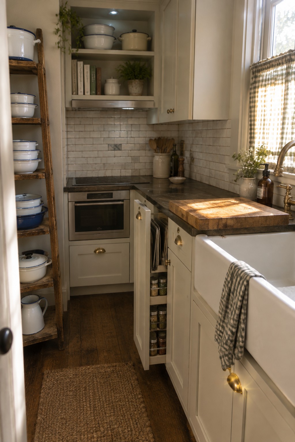 A narrow white kitchen with a farmhouse sink, open shelves, a built-in oven, and a wooden ladder holding stacked enamel pots along the left wall.