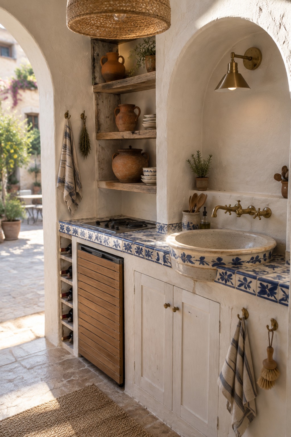 A compact kitchen interior with a round ceramic sink set into a tiled counter under an arched niche, open wooden shelves holding clay pots above, white lower cabinets, and a small stove to the left.