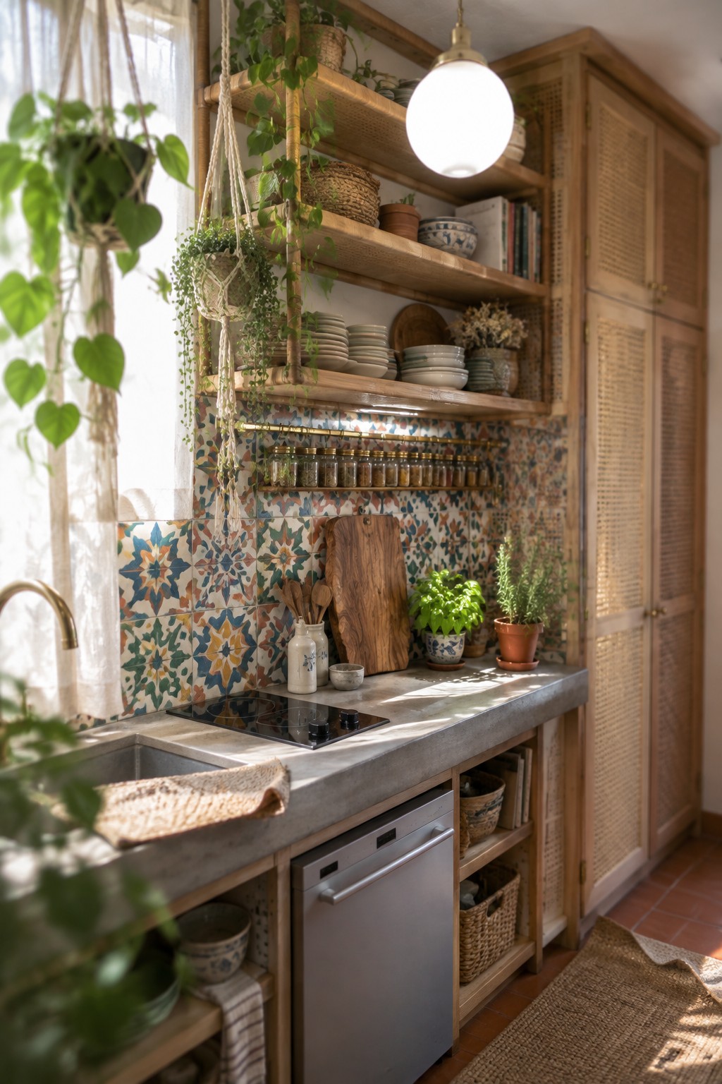 A compact kitchen with open wooden shelves above a concrete counter, colorful tile backsplash, hanging plants, and small appliances.