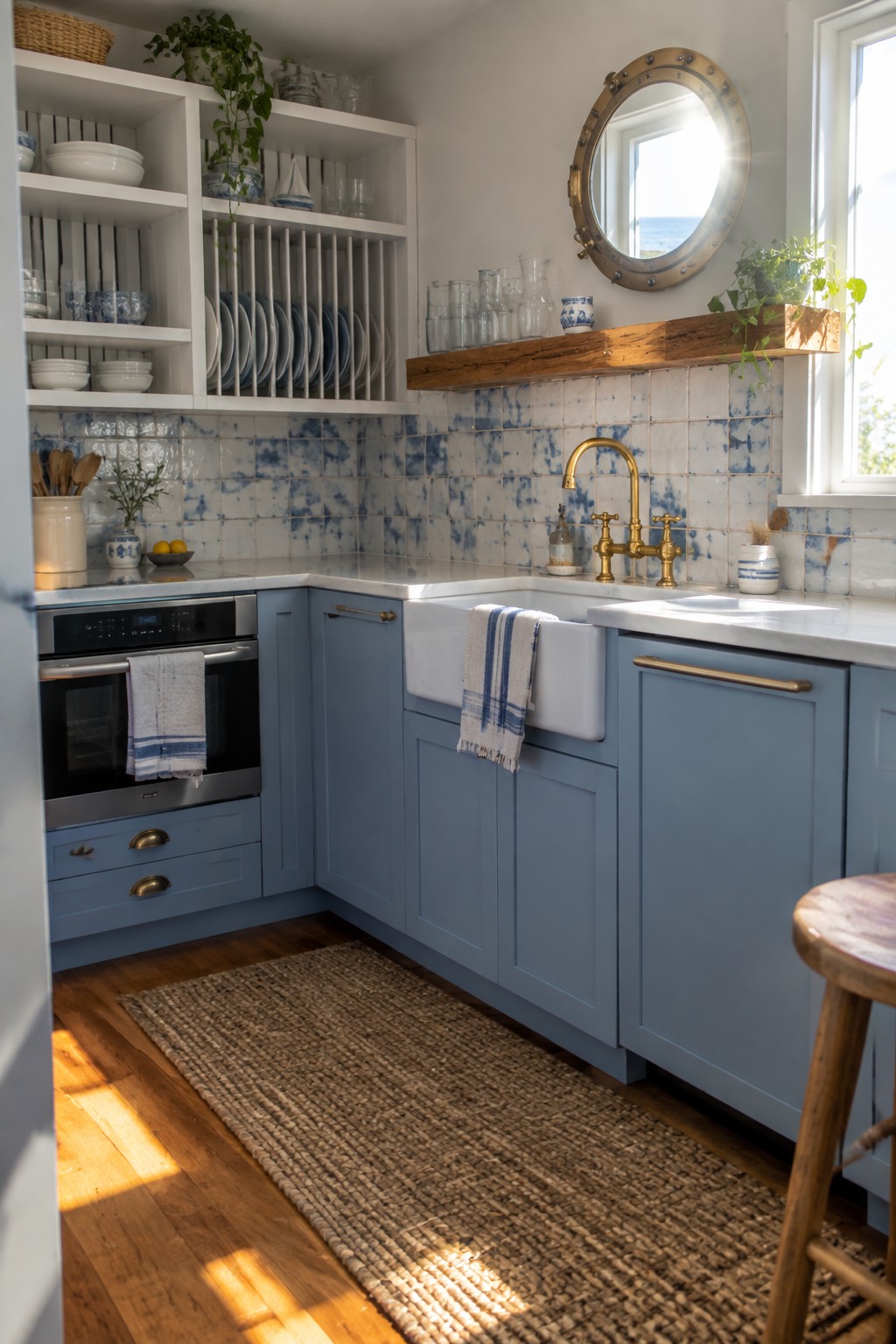 A compact kitchen with blue cabinets, white open shelving holding plates and glassware in vertical slots, a white farmhouse sink, and brass fixtures.