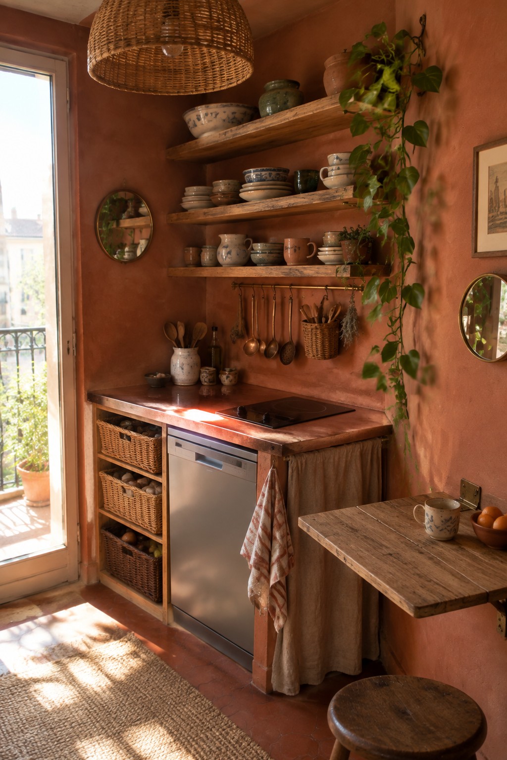 A compact kitchen corner with terracotta walls, multiple wooden open shelves holding ceramic dishes and pottery, a small cooktop, and woven baskets stored below the counter.