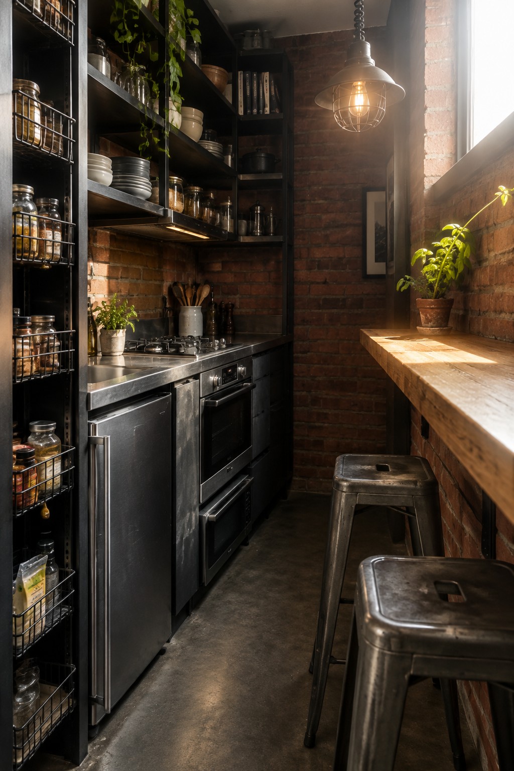 Industrial kitchen with brick walls, metal shelves, stainless appliances, wooden counter and stools.