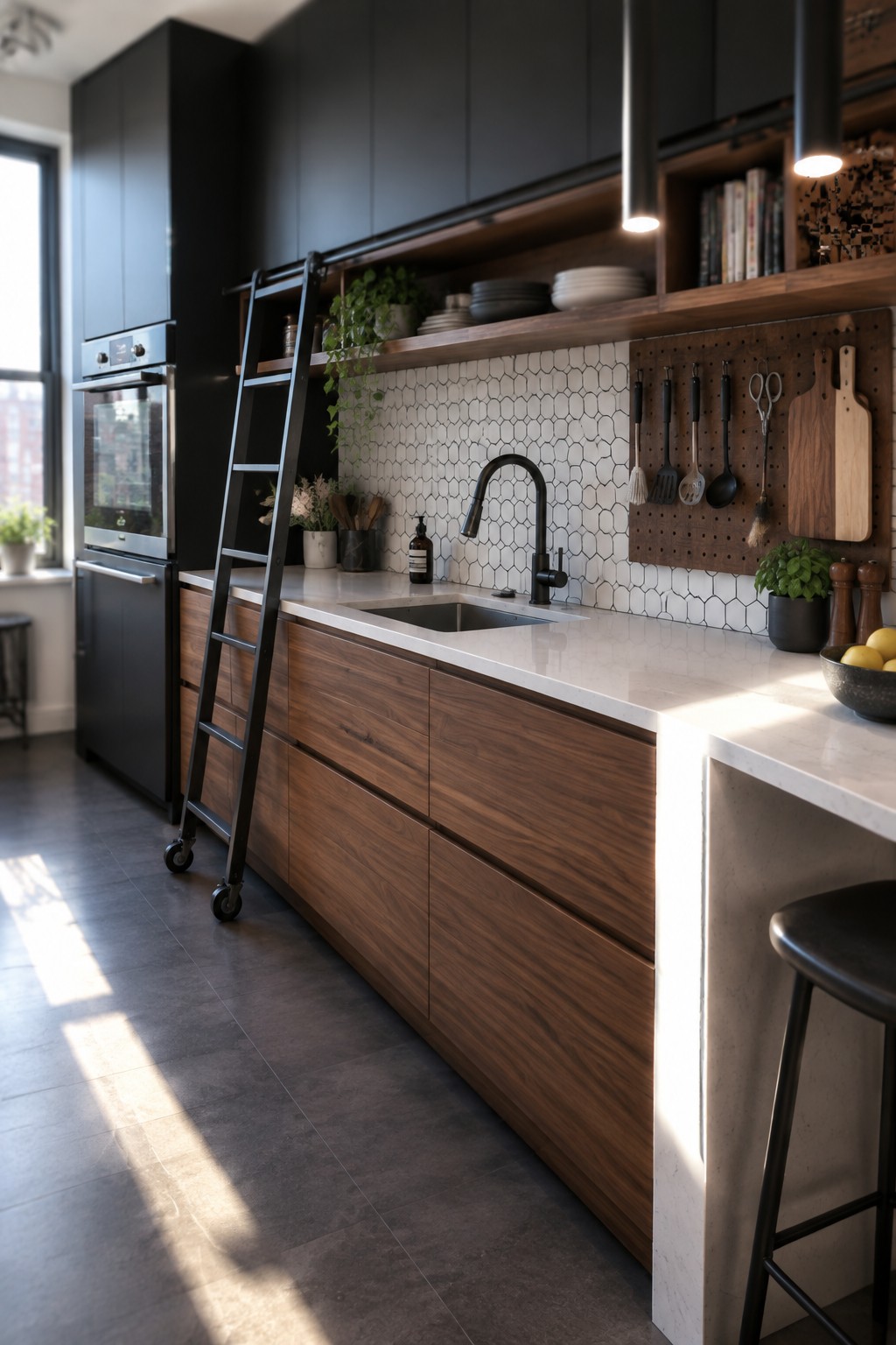 Modern kitchen with dark cabinets, walnut drawers, marble counter, black faucet, and rolling ladder