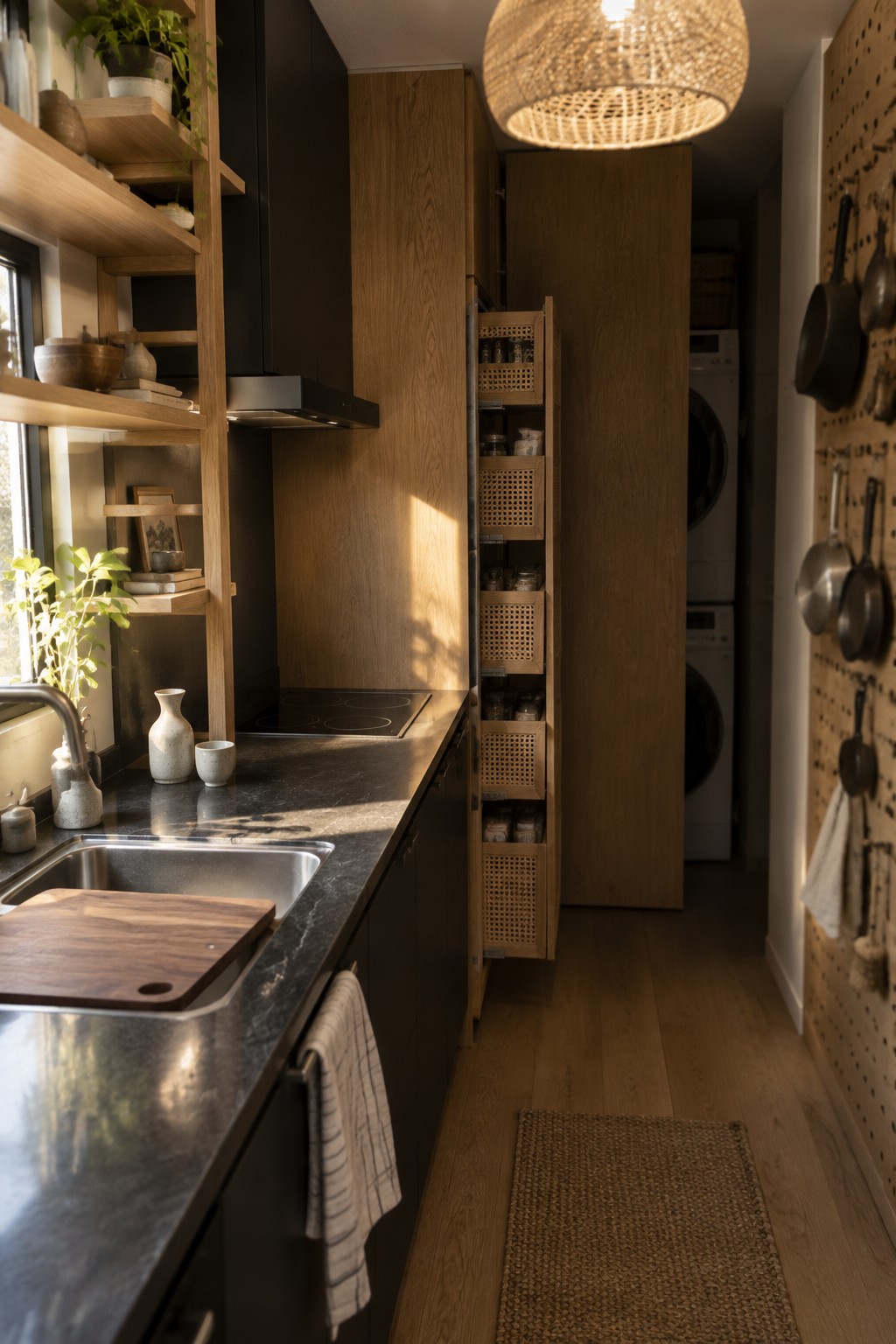 Narrow kitchen with oak cabinets, dark marble counters, pull-out rattan pantry, and woven pendant light.