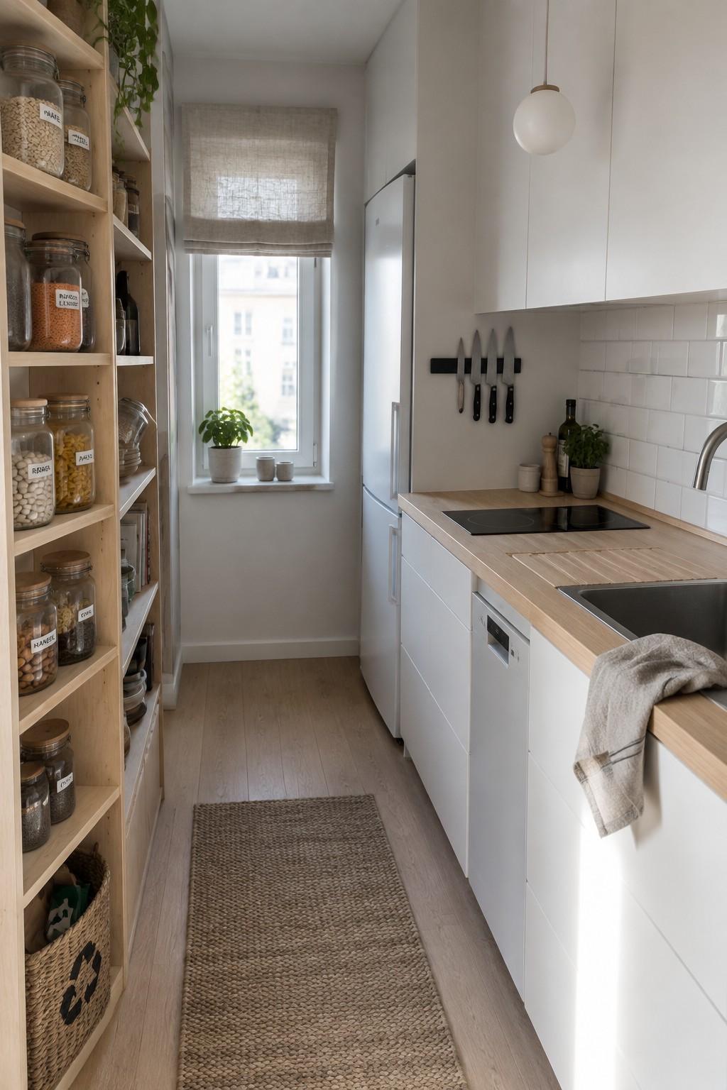 Narrow modern kitchen with white cabinets, open shelves of jars, and woven rug.