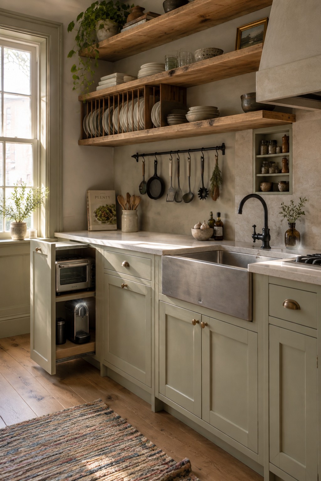 A compact kitchen with sage green cabinets, a stainless steel farmhouse sink, open wooden shelves stocked with white dishes, a hanging utensil rail, and a pull-out base cabinet showing a toaster oven and coffee maker.