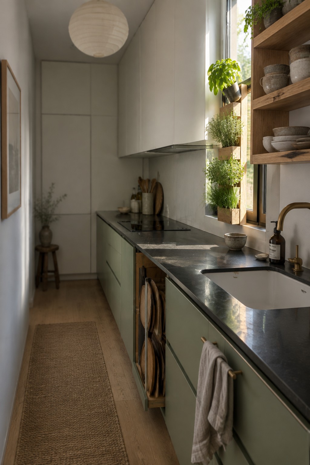 A narrow kitchen with sage green cabinets, a dark countertop, white sink, brass faucet, and wooden open shelves holding pottery and small plants beside a window.