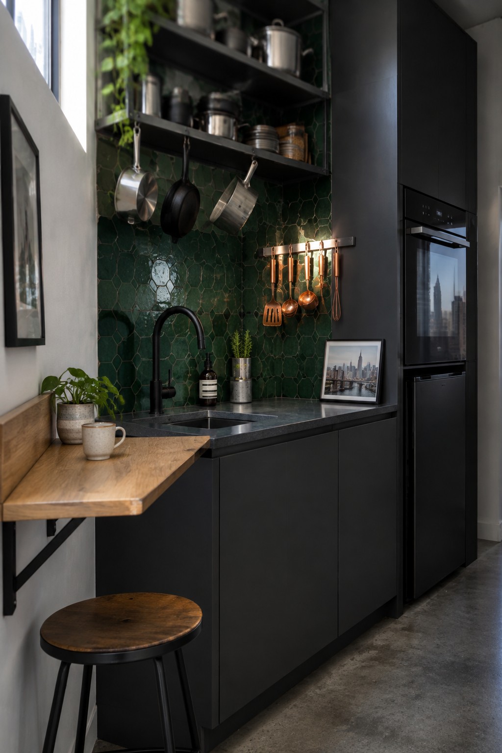 Modern kitchen with dark cabinets, green hexagonal tiles, open shelves, and wooden drop table.