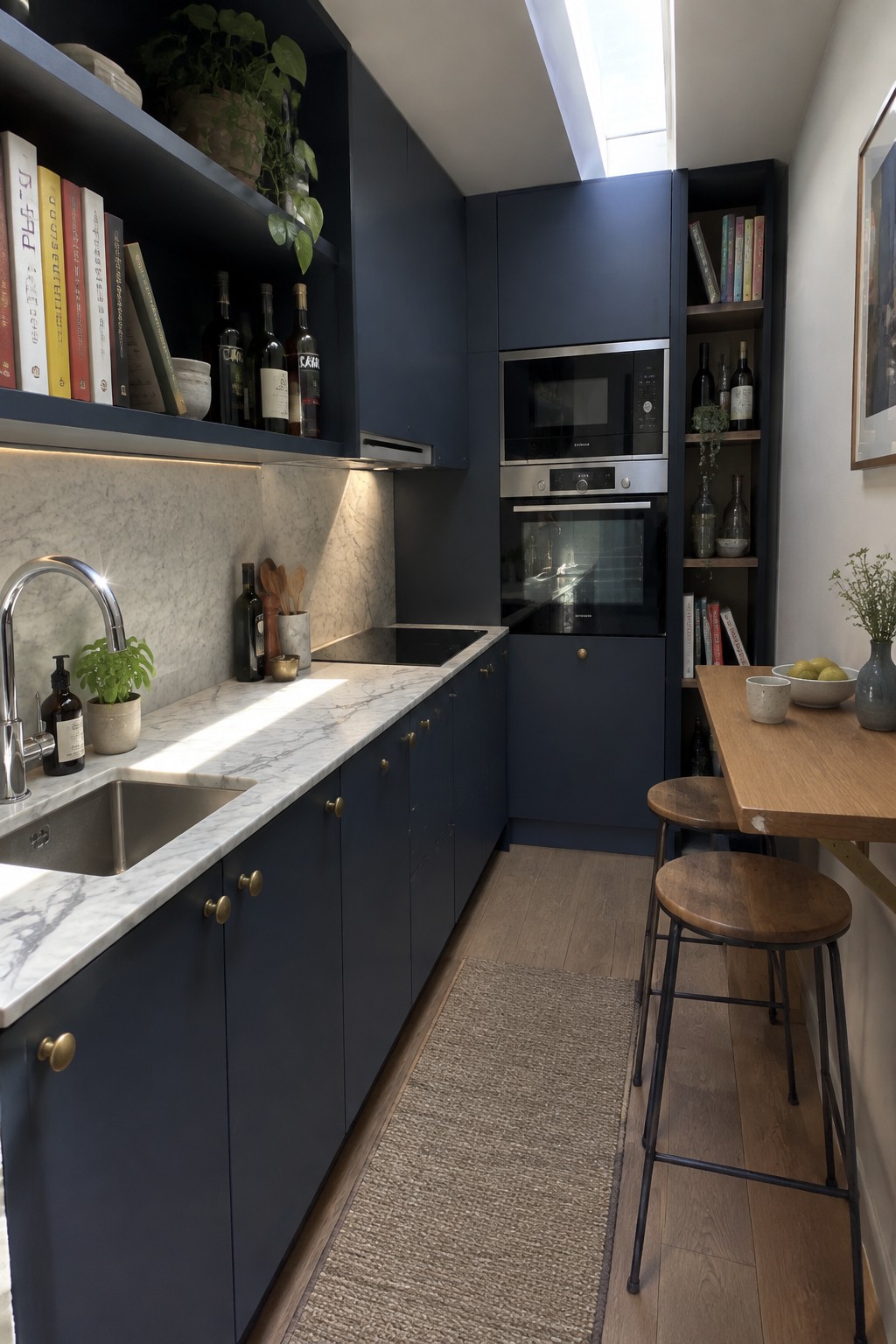 A narrow kitchen with dark blue cabinets, white marble countertops, a stainless steel sink, built-in oven and microwave, open upper shelves, and a small wooden table with stools.