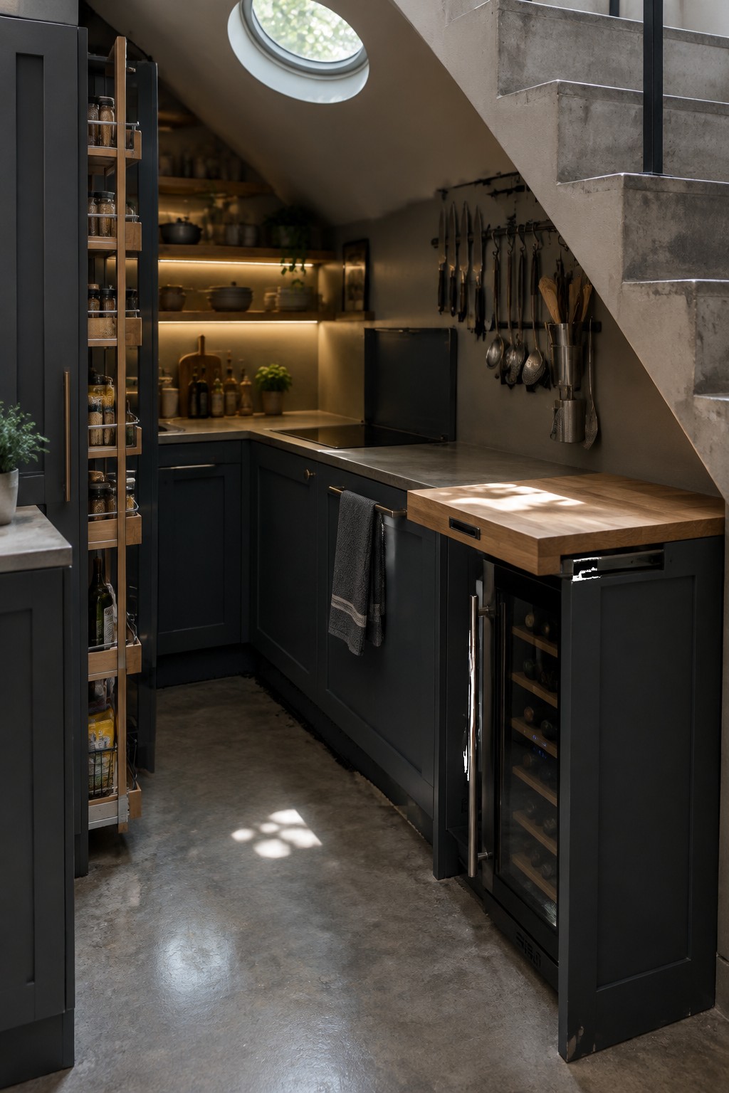 Modern kitchen under concrete stairs with dark cabinets, wine fridge, and wooden island.