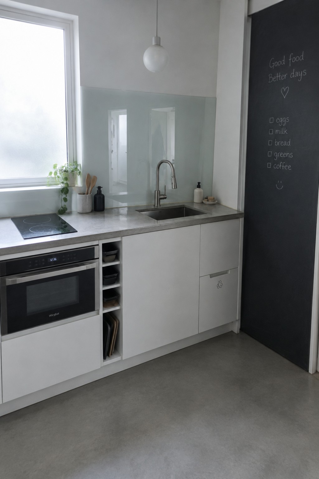 A compact modern kitchen with white cabinets, built-in oven, induction cooktop, concrete counter, and open vertical slots holding trays and boards.
