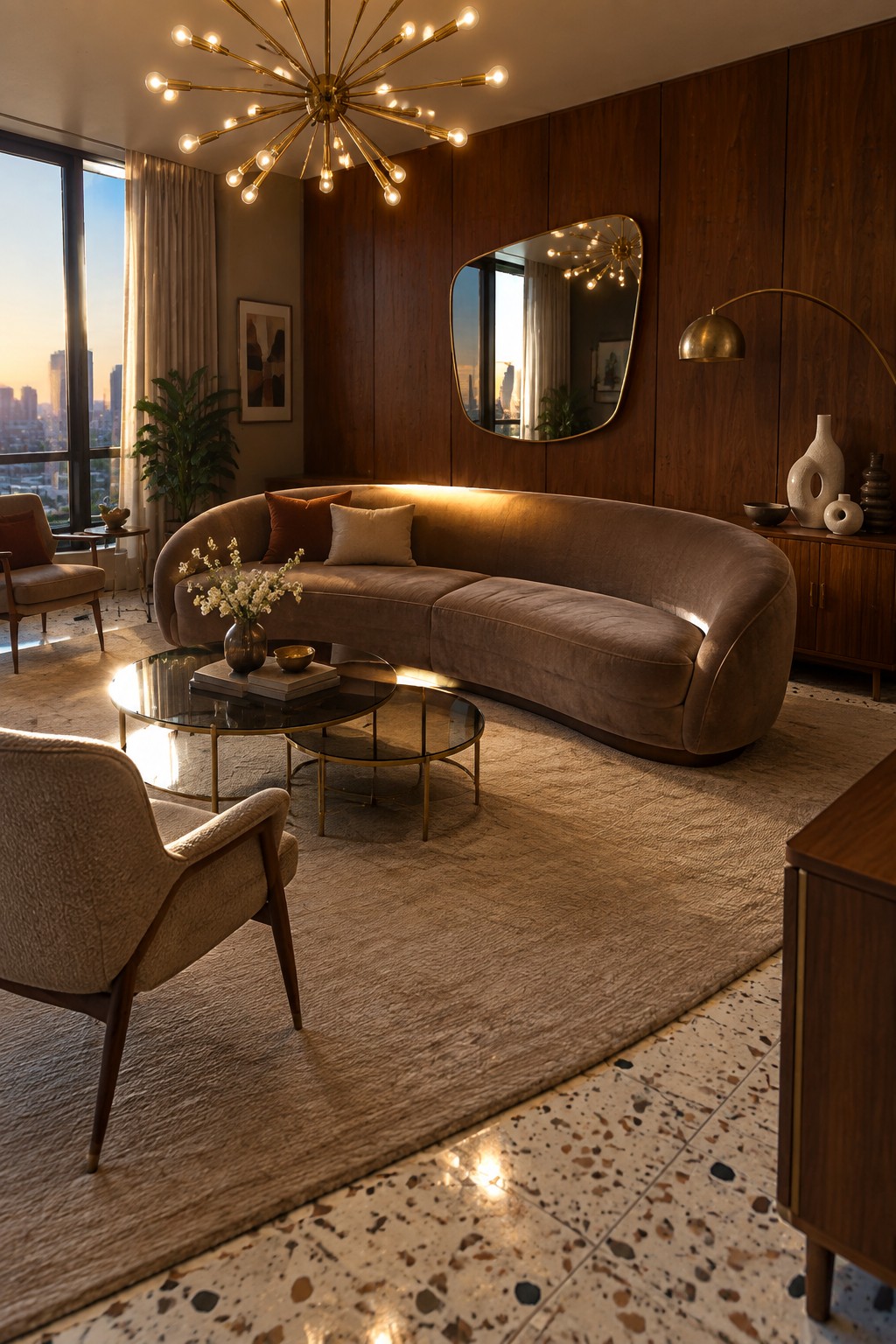 A spacious living room with a large brass starburst chandelier hanging above a curved brown sofa, two round glass coffee tables, and neutral armchairs on a light rug over terrazzo flooring.