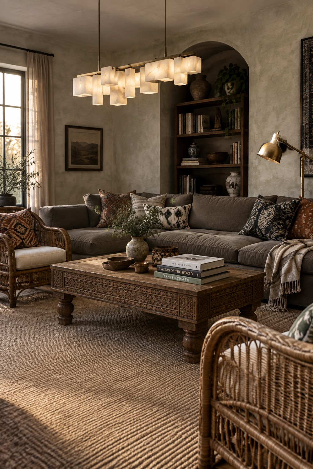 Cozy living room with gray sectional sofa, carved wooden coffee table, and marble chandelier