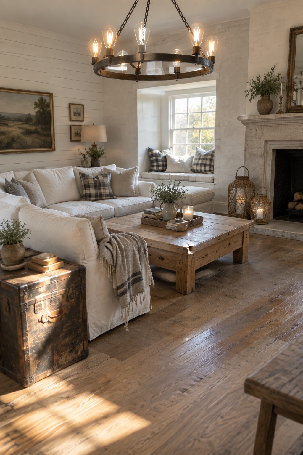A living room featuring a white sofa, wooden coffee table, and large rustic chandelier with multiple exposed bulbs.