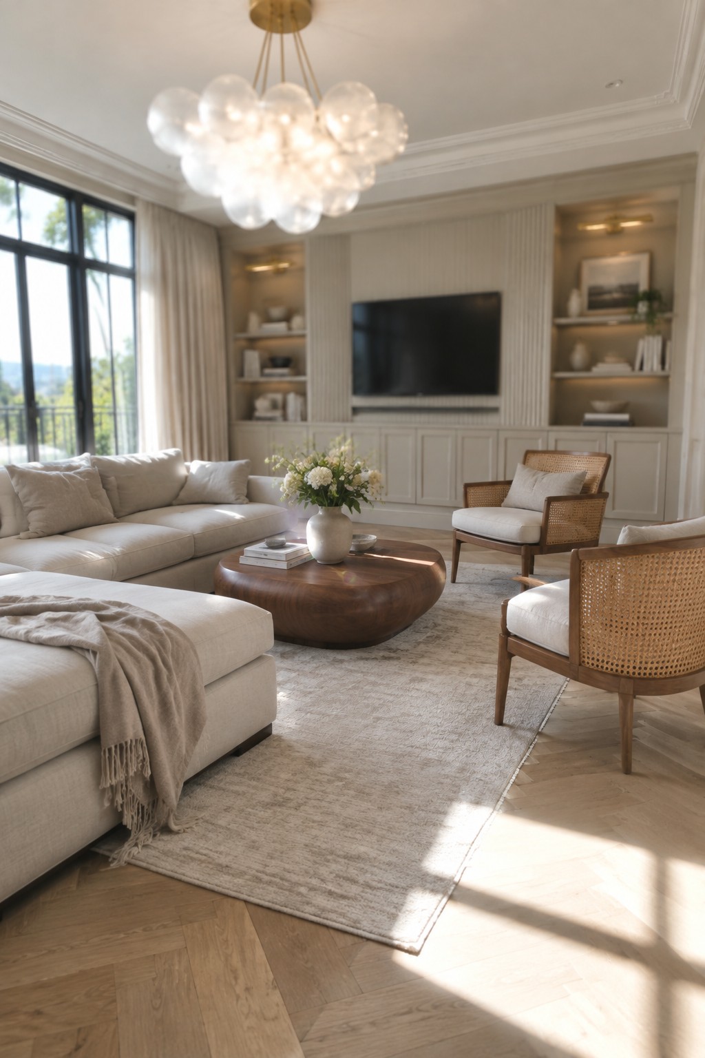A living room featuring a large bubble-style chandelier above a round wooden coffee table, with a neutral sectional sofa on the left and two cane-back armchairs on the right.