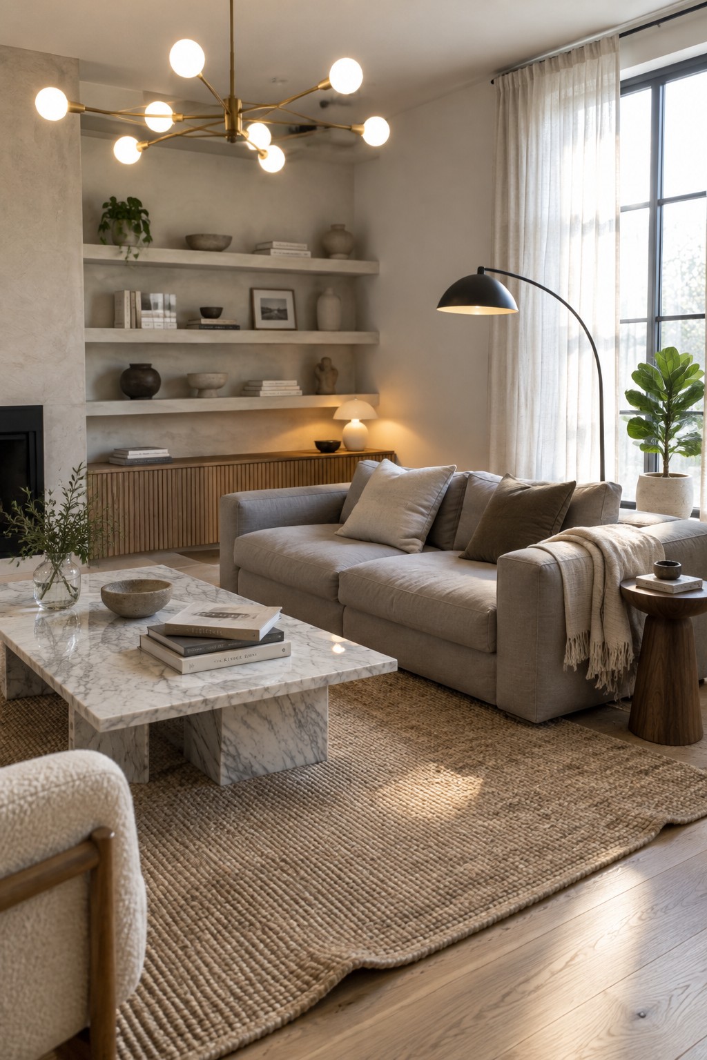 A living room with a large multi-bulb brass chandelier above a gray sectional sofa, marble coffee table, and built-in wall shelves.