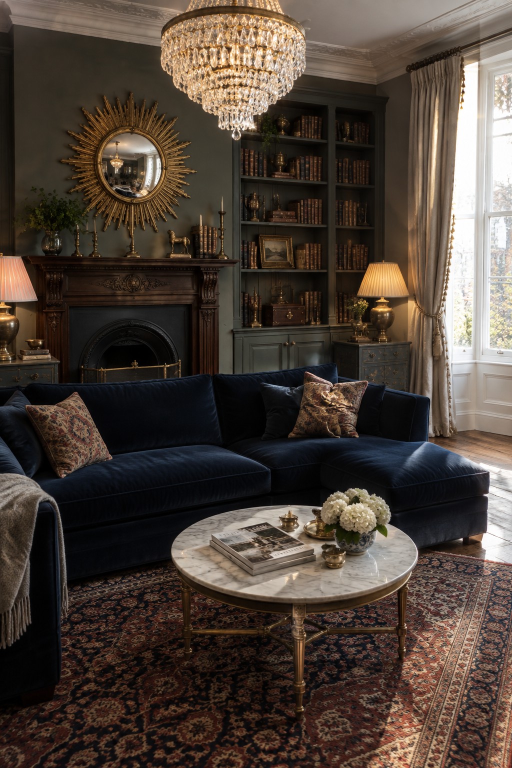 A living room featuring a large crystal chandelier hanging above a navy velvet sectional sofa, with dark green walls, built-in bookshelves, and a marble coffee table on a patterned rug.