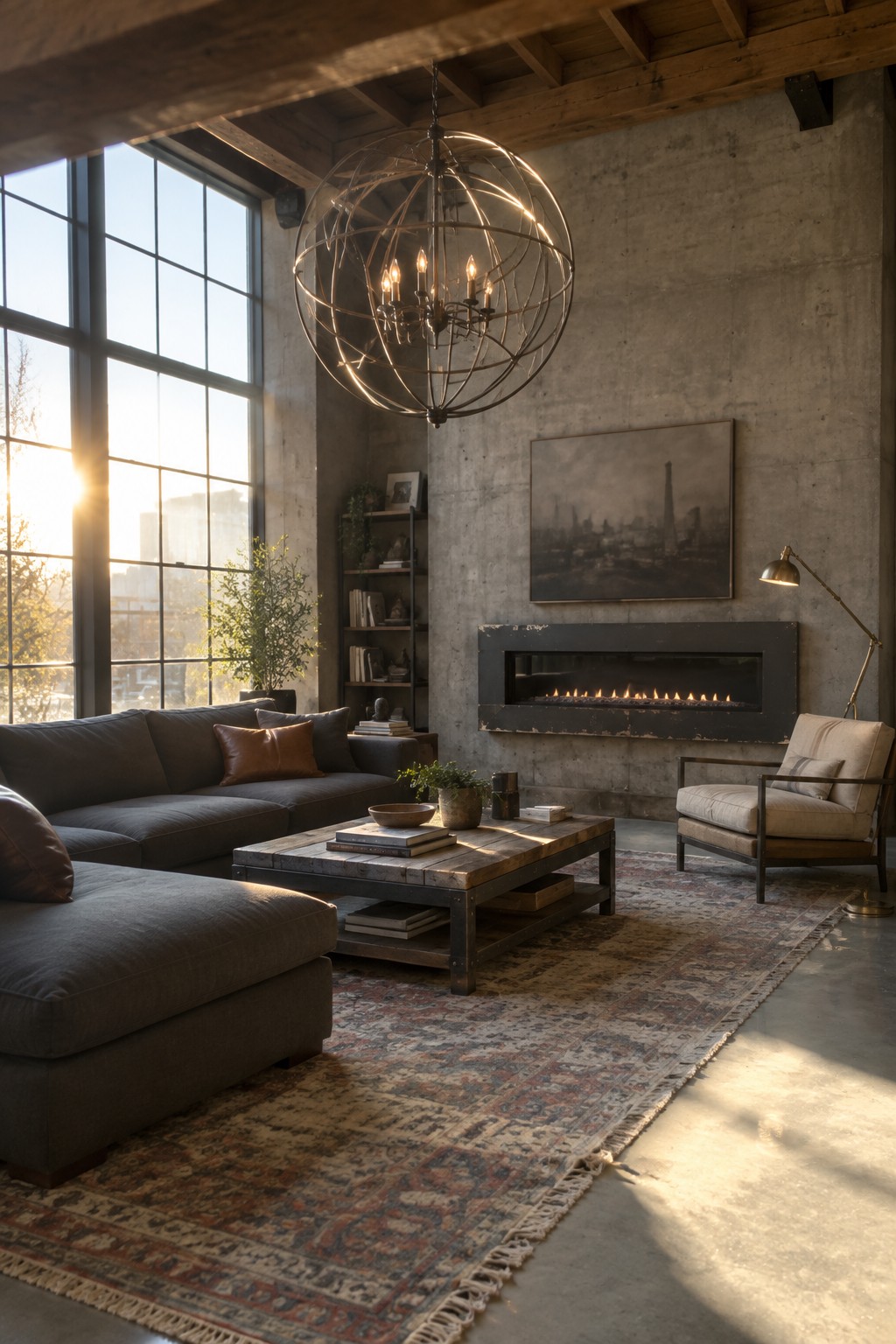 Sunlit industrial living room with orb chandelier, concrete walls, fireplace, and gray sofa on rug