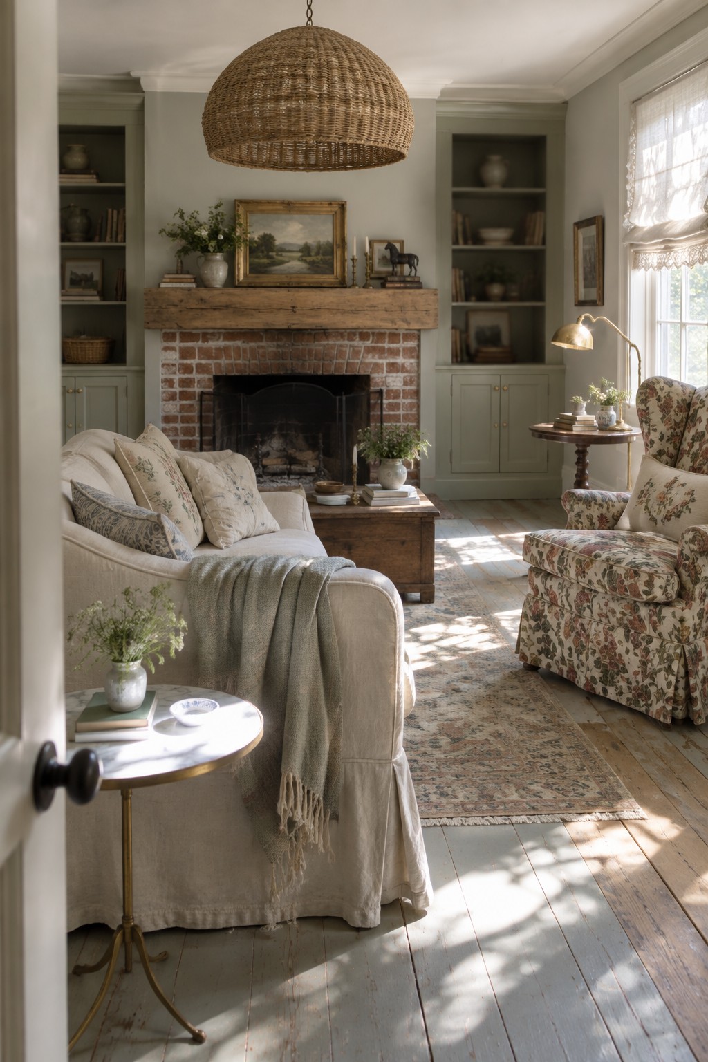 A living room with a large woven dome pendant light, a slipcovered sofa with throw blanket, a floral armchair, wooden coffee table, brick fireplace, and area rug on light wood floors.