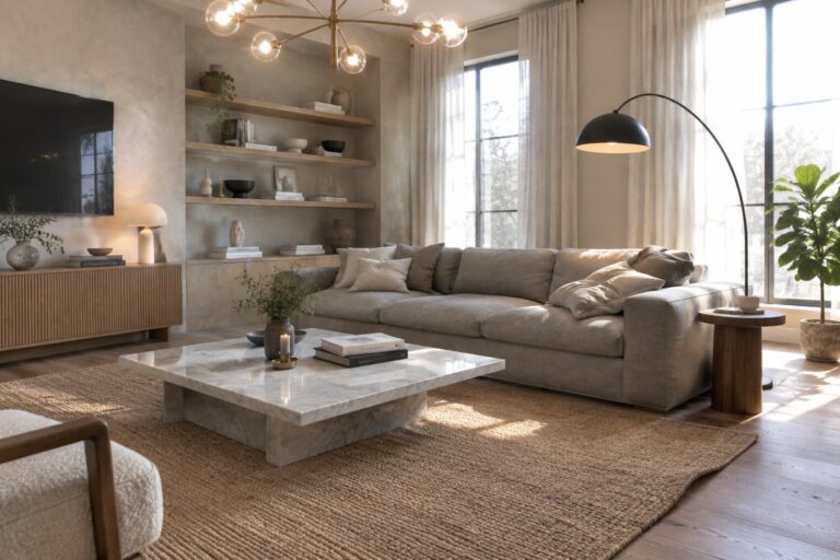A living room with a large multi-bulb brass chandelier above a gray sectional sofa, marble coffee table, and built-in wall shelves.