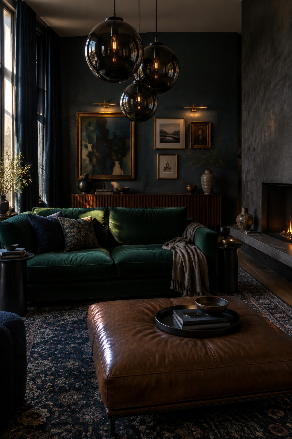 A living room featuring a green velvet sofa, brown leather ottoman on a patterned rug, and a cluster of three large dark glass globe pendant lights hanging above.