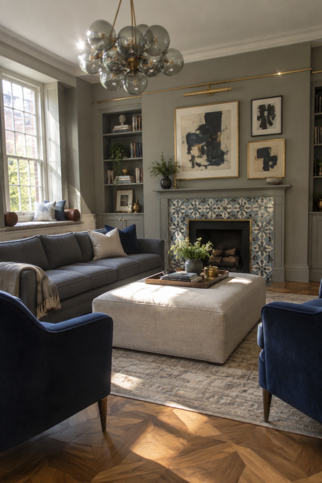 Elegant living room with gray sofa, blue velvet chairs, beige ottoman, tiled fireplace, and modern chandelier.