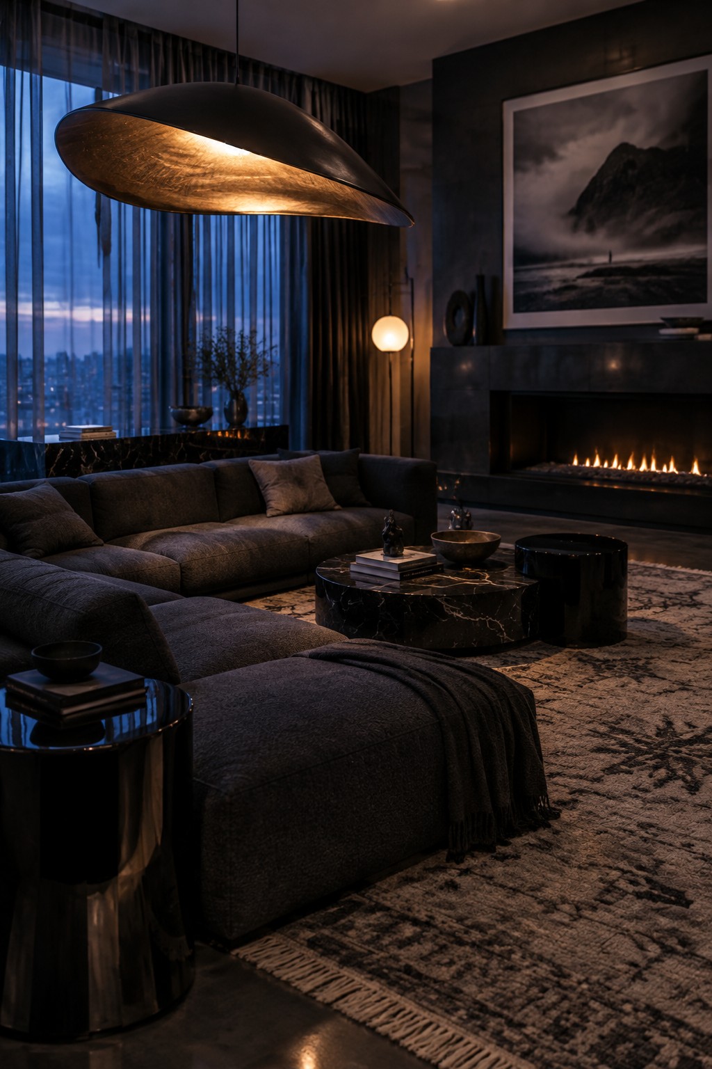 A dark modern living room with a large metallic pendant light over a dark sectional sofa, marble coffee table, and fireplace, with a city view visible through the windows.
