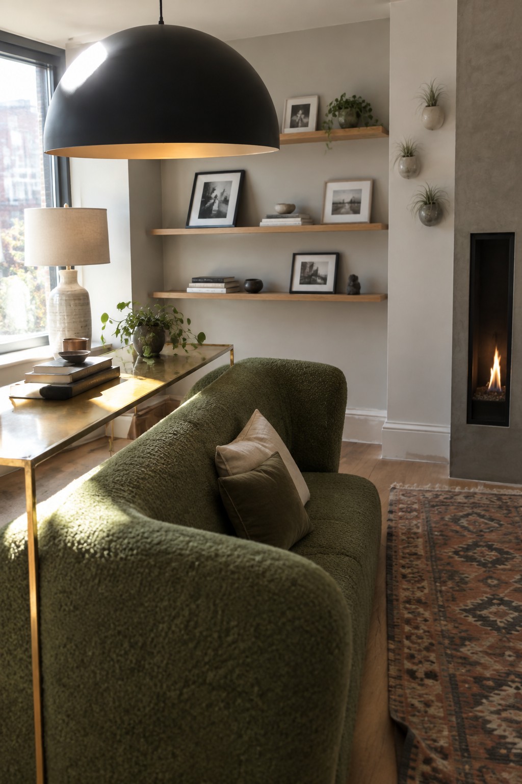 A living room with a large black dome pendant light above a green textured sofa, wooden floating shelves on the wall, and a tall modern fireplace to the right.