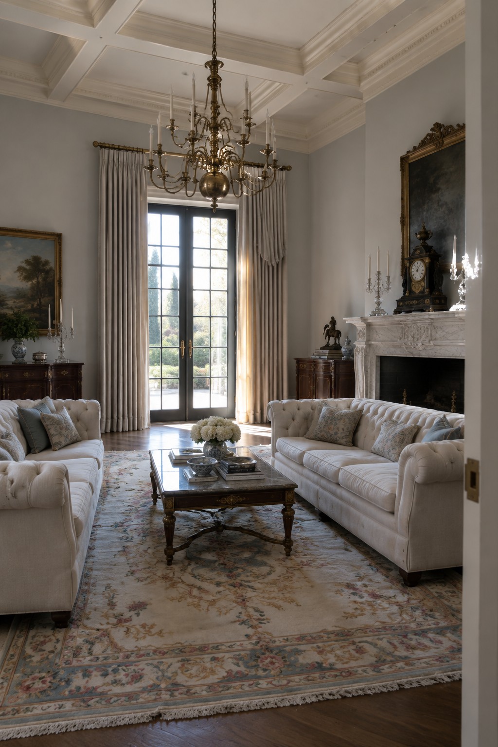A spacious living room with two cream tufted sofas facing each other on a floral rug, a dark wood coffee table, and a large brass chandelier hanging from the ceiling above.