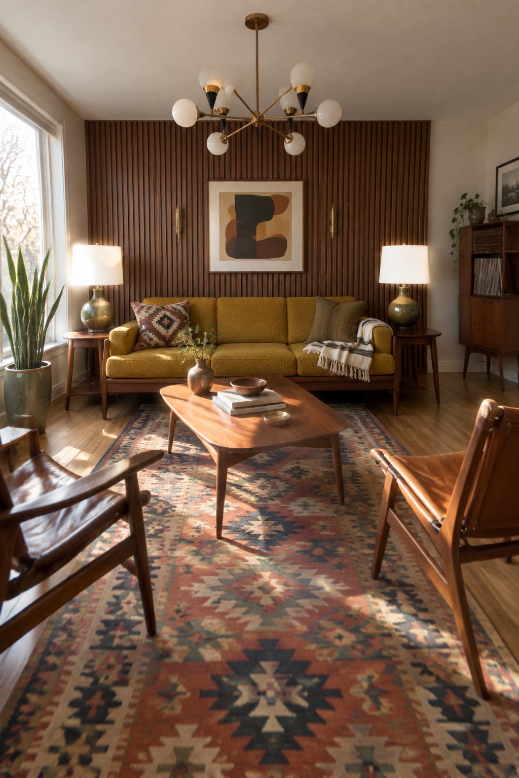 Mid-century modern living room with yellow sofa, leather chairs, and patterned rug